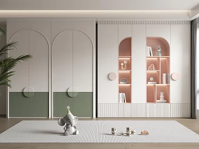 Modern White Green Bookcase With Arched Doors Pink Interior Open Shelves Books And Decor Items 3d model