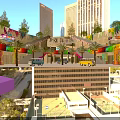 Vibrant Commercial Street Entrance with Tall Buildings Colorful Decorations Palm Trees and Vans
