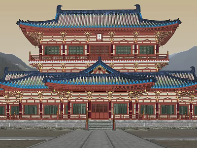 Ancient Chinese Traditional Architecture With Blue Red Tiled Roof Ornate Carvings And Stone Steps 3d model