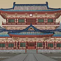 Ancient Chinese Traditional Architecture With Blue Red Tiled Roof Ornate Carvings And Stone Steps