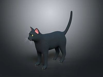 3D Black Cat Model With Green Eyes Pink Ears White Whiskers Standing On Gray Background 3d model