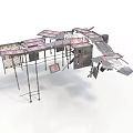 Multi Level Industrial Scaffolding Structure With Metal Frames Wooden Platforms And Mesh Panels
