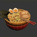 Delicious Ramen In Red Patterned Bowl With Noodles Eggs Meat And Vegetables