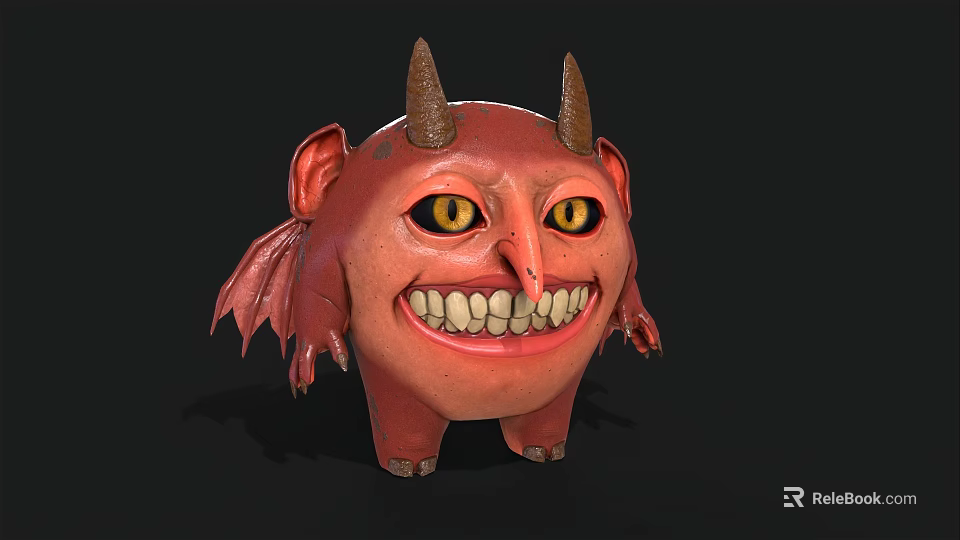 Red Cartoon Monster Character With Horns Wings Big Eyes And Funny Smile 3d model 