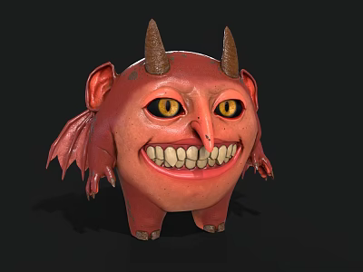 Red Cartoon Monster Character With Horns Wings Big Eyes And Funny Smile 3d model