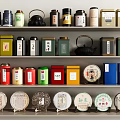 Traditional Tea Room Interior With Colorful Tea Cans Teapot And Round Tea Cakes On Shelves
