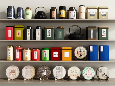 Traditional Tea Room Interior With Colorful Tea Cans Teapot And Round Tea Cakes On Shelves 3d model