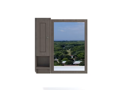 Modern Wall Mirror with Wooden Cabinet Reflecting Green Trees Grass and Sky View 3d model
