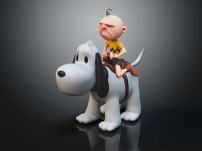 Cartoon Game Movie Characters Boy Riding White Dog With Black Ears Frowning Yellow Shirt 3d model