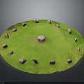 Circular Stone Circle Structure With Central Large Stone And Surrounding Small Stones On Green Lawn