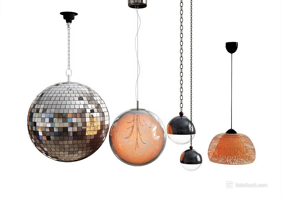 Various Modern Pendant Lights With Mirrored Spherical And Translucent Dome Designs 3d model 