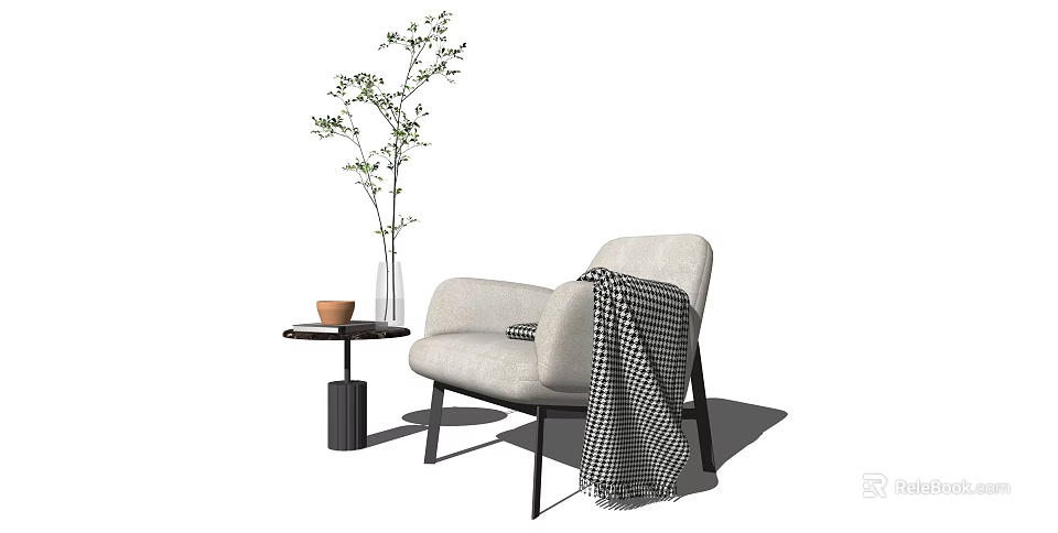 Cozy Single Sofa with Checkered Blanket Cushion Small Side Table Cup and Green Plant 3d model 