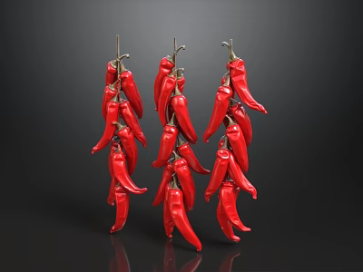 Vibrant Red Chili Peppers Strung Together In Three Hanging Bunches 3d model