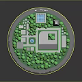 Cartoon Circular Scene With White Buildings Green Plants And Orange Accent Lines