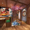 Traditional Japanese Tatami Private Room With Wooden Structure Long Table Tatami Seats And Decorative Paintings