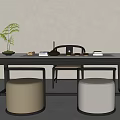 Modern Tea Table with Beige Stools Tea Set and Potted Plant in Minimalist Design