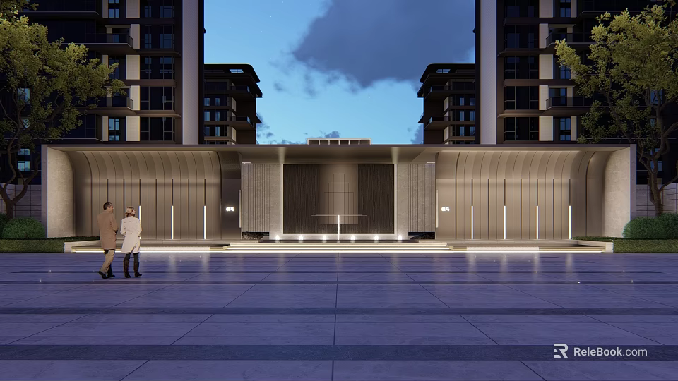 Contemporary Sales Office Building Exterior With Evening Lighting And Surrounding High Rise Buildings 3d model 