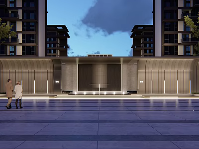Contemporary Sales Office Building Exterior With Evening Lighting And Surrounding High Rise Buildings 3d model