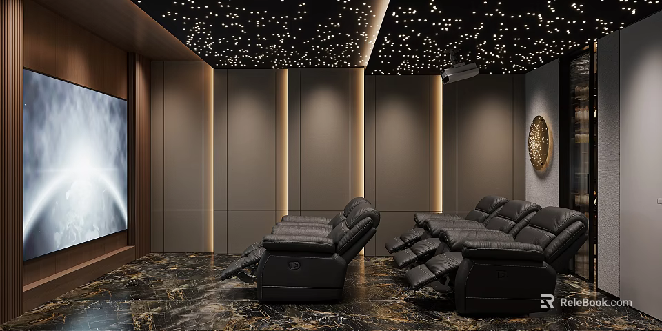 Luxurious Home Theater Interior With Starry Ceiling Leather Recliners And Marble Flooring 3d model 