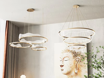 Modern Circular Ring Chandeliers Gold And White Interior Decor With Buddha Painting And Plants 3d model