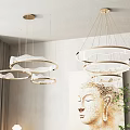 Modern Circular Ring Chandeliers Gold And White Interior Decor With Buddha Painting And Plants