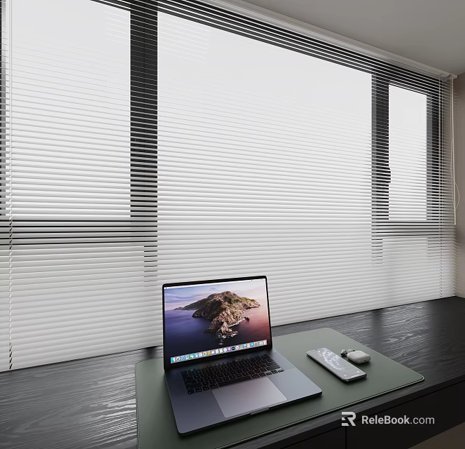 Modern Laptop On Desk With Window Blinds Mouse And Remote Control 3d model 
