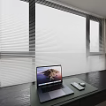Modern Laptop On Desk With Window Blinds Mouse And Remote Control 3d model