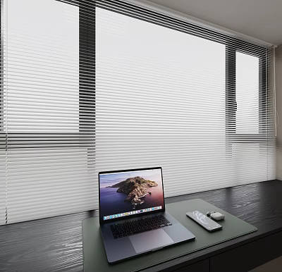 Modern Laptop On Desk With Window Blinds Mouse And Remote Control 3d model