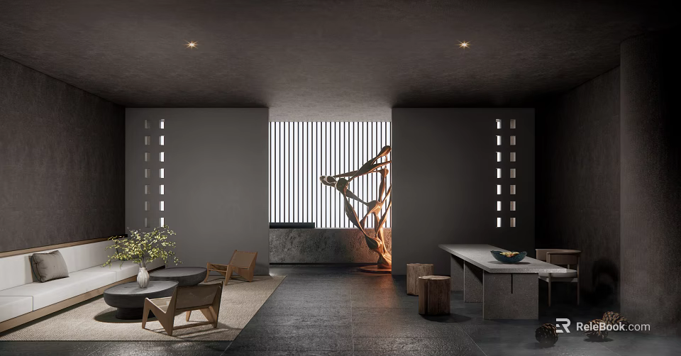Modern Hotel Lobby Interior With Geometric Sculpture Wooden Seating And Recessed Lighting 3d model 