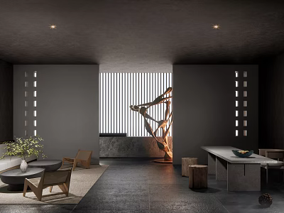 Modern Hotel Lobby Interior With Geometric Sculpture Wooden Seating And Recessed Lighting 3d model