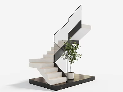Modern Staircase Design With Glass Railing White Steps And Green Plant In White Planter 3d model