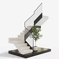Modern Staircase Design With Glass Railing White Steps And Green Plant In White Planter