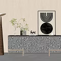 Elegant Modern Entryway Console Cabinet With Marble Pattern And Floor Lamp Green Plant Art