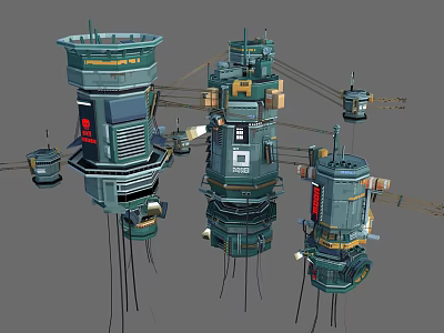 Futuristic Mechanical Towers With Metal Structures Antennas And Cables Multi layered Design 3d model