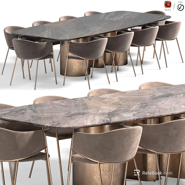 Elegant Modern Dining Table Set With Marble Top And Gray Upholstered Chairs 3d model 