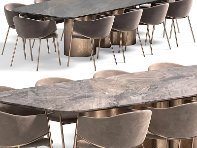 Elegant Modern Dining Table Set With Marble Top And Gray Upholstered Chairs 3d model