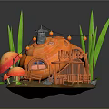 Orange Mushroom Shaped House With Green Grass Decorative Mushrooms Fence Stones And Hanging String Lights