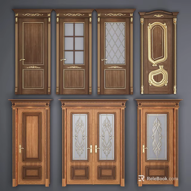 Wooden Hinged Doors With Glass Panels And Decorative Designs For Home Use 3d model 
