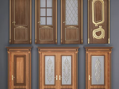 Wooden Hinged Doors With Glass Panels And Decorative Designs For Home Use 3d model