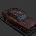 Red Old Rusty Abandoned Car With Dusty Surface And Fallen Leaves Parked Outdoors