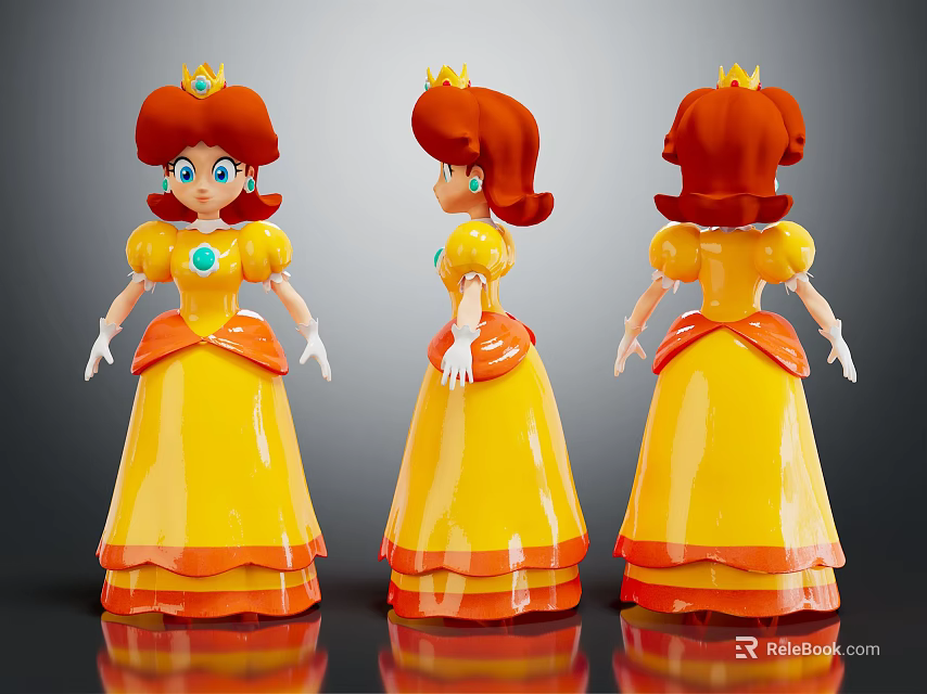 Cartoon Princess Doll With Red Hair Yellow Dress And Crown In Three Angles View 3d model 