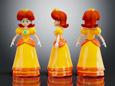 Cartoon Princess Doll With Red Hair Yellow Dress And Crown In Three Angles View 3d model