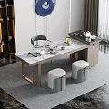 Modern Tea Table With Marble Top And Metal Frame And Matching Stools With Tea Sets 3d model