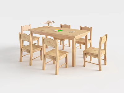 Wooden Kids Table with Matching Chairs Colorful Stationery and Toy Bird for Playroom 3d model
