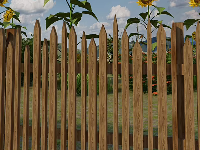 Tall Wooden Picket Fence Surrounded by Sunflowers and Green Garden Plants 3d model