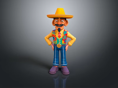 Cartoon Man Wearing Yellow Straw Hat Colorful Vest Blue Pants Standing With Hands On Hips 3d model