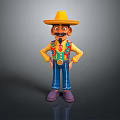 Cartoon Man Wearing Yellow Straw Hat Colorful Vest Blue Pants Standing With Hands On Hips