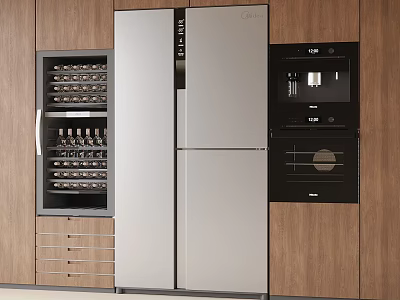 Modern Kitchen With Silver Side by Side Refrigerator Wooden Cabinets and Built in Wine Cooler 3d model