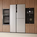 Modern Kitchen With Silver Side by Side Refrigerator Wooden Cabinets and Built in Wine Cooler