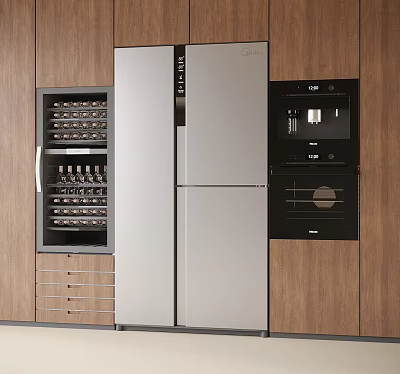 Modern Kitchen With Silver Side by Side Refrigerator Wooden Cabinets and Built in Wine Cooler 3d model